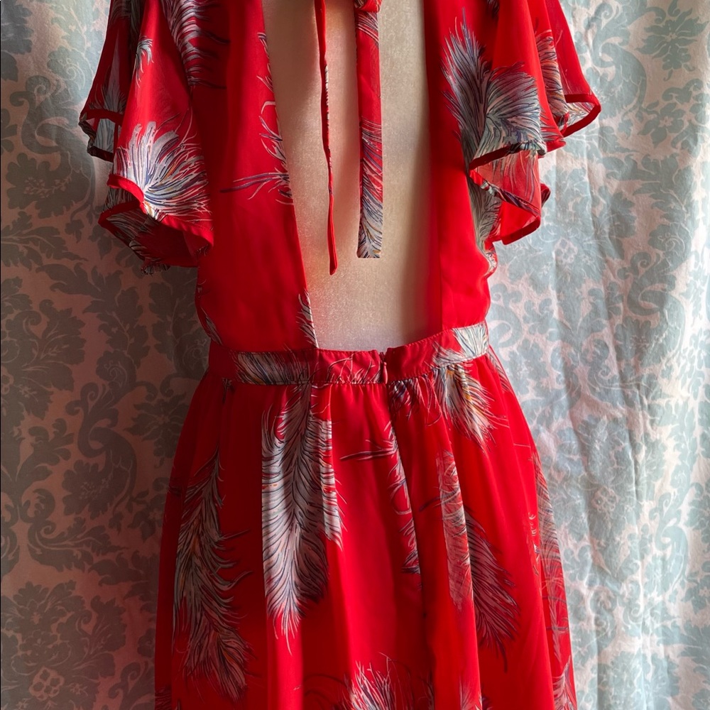 Entro Flutter Sleeve Open Back Feather Print Dress - image 2